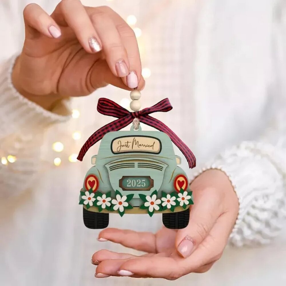 4 Just Married 2025 Car Wood ORNAMENT Wedding Bridal Shower VW favor gift tag